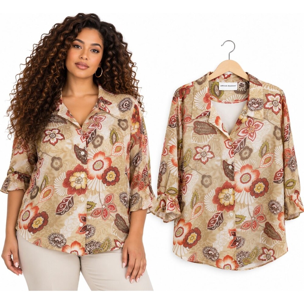 Alfred Dunner Blouse Top Size 20W +Tank Earth Tone Floral 3/4 Sleeve Ruffle